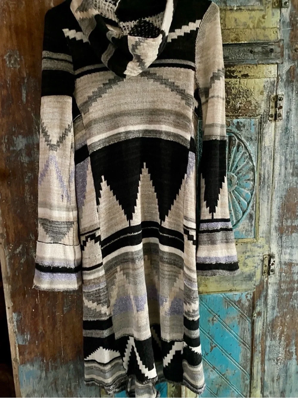 Free People Long Black and Cream Knit Cardigan with Hoodie